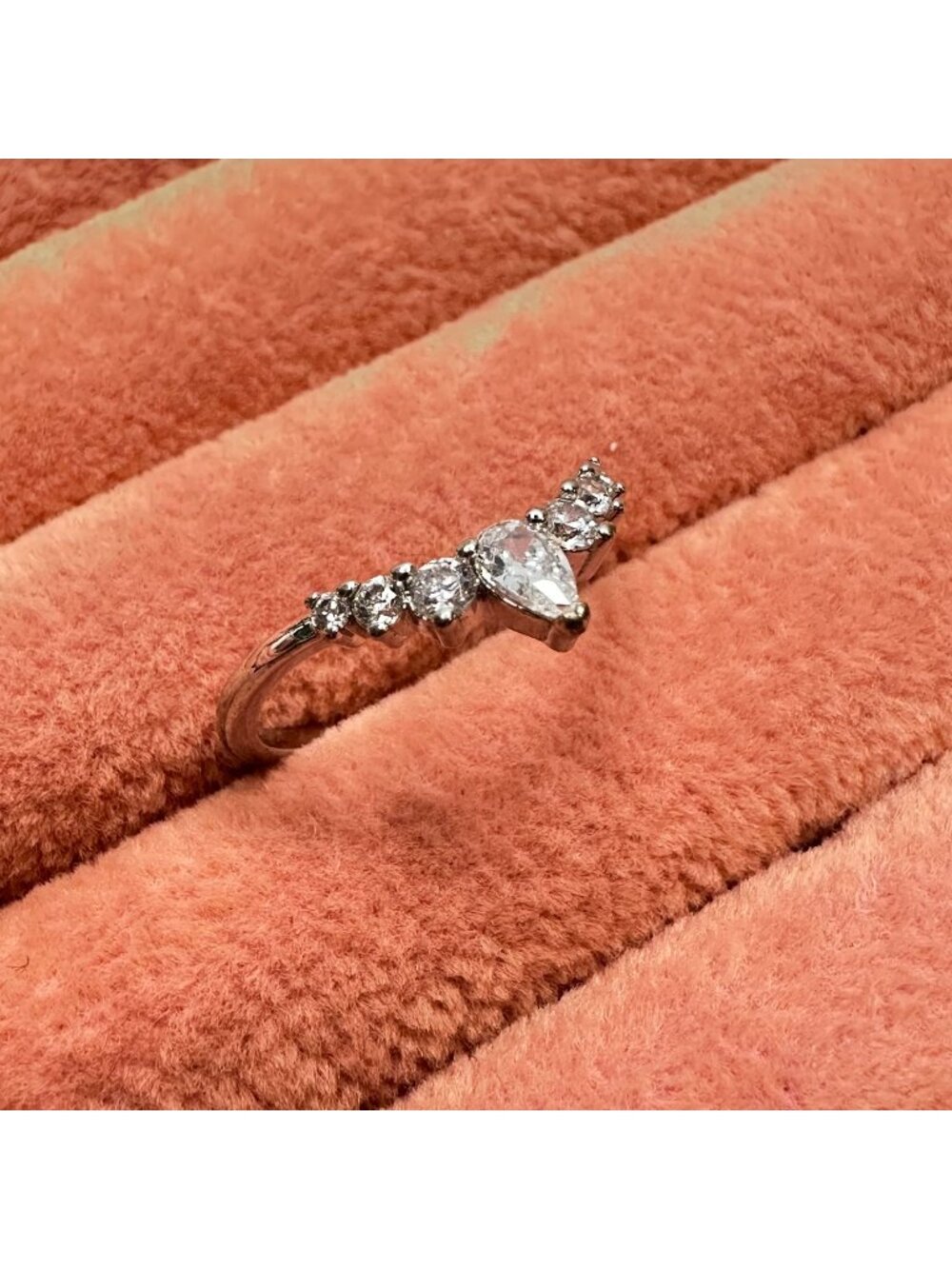 IBB Silver Tone Curved Chevron Tiara Ring Pear Crystal Stacking Band V Shape